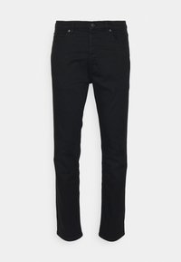 Jeans neri slim-fit con chiusura frontale a bottoni e zip, design a cinque tasche, mostrati su sfondo bianco.