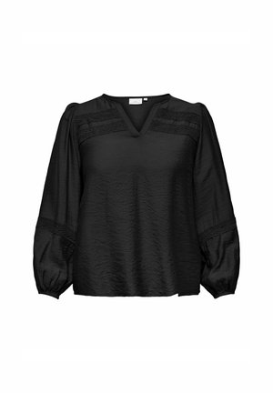 Schwarze Bluse mit V-Ausschnitt, Puffärmeln und strukturiertem Stoff. Mit horizontalen Spitzenstreifen an den Schultern und Ärmeln.