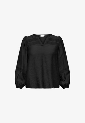 Zwarte blouse met een V-hals, pofmouwen en gestructureerde stof. Heeft horizontale strepen van kant op de schouders en mouwen.