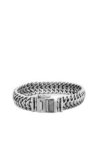 Hõbedane metallist käekett, millel on põimitud lingikujundus ja lukuga kinnituskohaga. Omab bränditud aktsenti. Sile ja läikiv tekstuur.