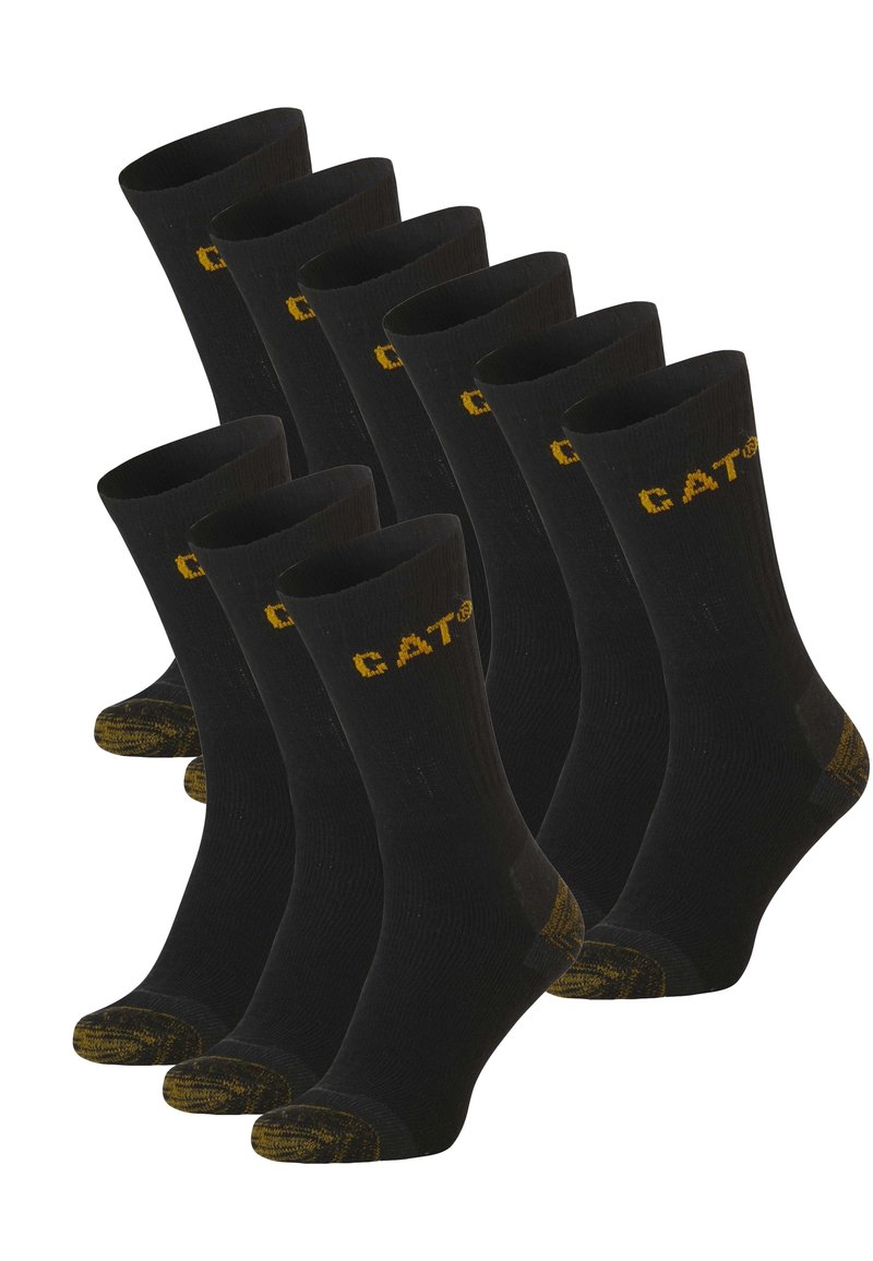 Chaussettes noires en coton avec le logo CAT jaune. Texture côtelée, talon et orteil renforcés, et accents à motifs au niveau du revers.