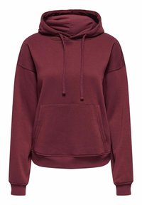 Bordeauxrode capuchontrui gemaakt van zachte stof, voorzien van een voorzak en verstelbare trekkoord, met geribbelde manchetten en zoom.