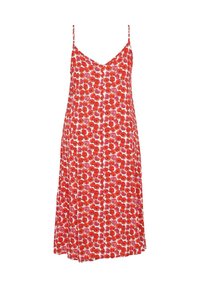 Robe sans manches à fleurs rouges et roses avec fines bretelles et col en V, tombant jusqu'au milieu du mollet sur fond blanc.