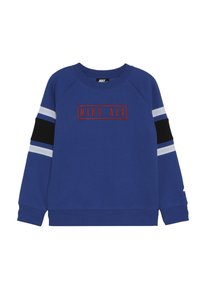 Blauer Pullover aus Baumwollmischung. Mit gerippten Bündchen, Rundhalsausschnitt und einem roten "NIKE AIR"-Logo auf einem rechteckigen Patch. Schwarz-weiße Streifen an den Ärmeln.