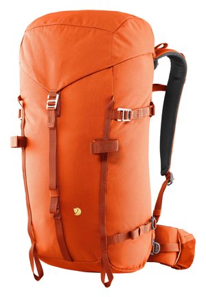 Oranger Stoffrucksack mit verstellbaren Trägern, silbernem Zubehör und einem auffälligen Logo. Verfügt über eine gebogene Oberseite und seitliche Kompressionsriemen.