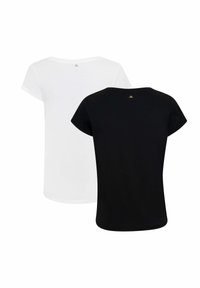 Rundhalset t-shirts i sort og hvid, med korte ærmer og en buet kant. Blødt bomuldsstof med en subtil logo-detalje på ryggen.