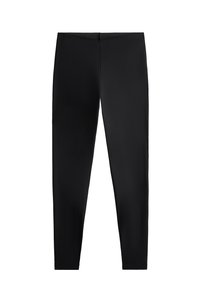Mustat legginsit, jotka on valmistettu joustavasta kankaasta. Niissä on puhdas muotoilu ja tiukka siluetti, jossa on korkea vyötärö ja saumatonta rakennetta.