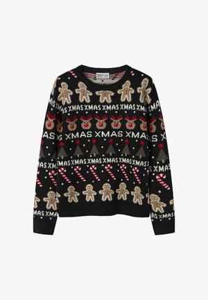 Pull en laine noir avec un motif festif comprenant des bonhommes en pain d'épice, des rennes, des sapins de Noël, des cannes en sucre et le texte "XMAS" en accents colorés.