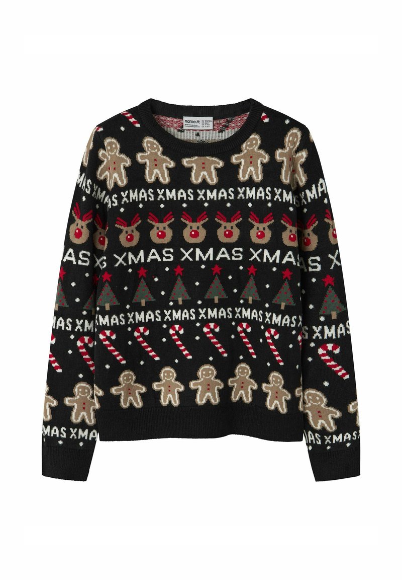 Maglione nero lavorato a maglia con un motivo festivo che presenta omini di pan di zenzero, renne, alberi di Natale, bastoncini di zucchero e il testo "XMAS" in accenti colorati.