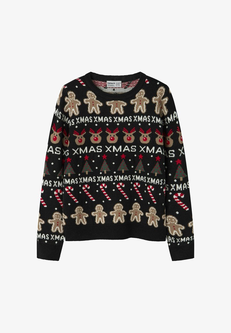Črna pletena jopica z prazničnim vzorcem, ki vključuje kekse v obliki možic, jelene, božične drevesce, bonbone in besedilo "XMAS" v pisanih akcentih.