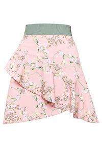 Růžová květinová sukně s volánkovými vrstvami a širokým zeleným elastickým pasem, zdobená bílými a béžovými květy a zelenými listy.