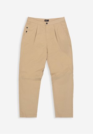 Beige casual broek met voorplooien, zijzakken met knoopdetails en een knoop- en ritssluiting in de taille.