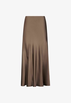 Brauer Satin-Midirock mit glatter Textur, ausgestellt geschnittenem Saum und minimalistischem Design. Keine sichtbaren Verschlüsse oder Muster.