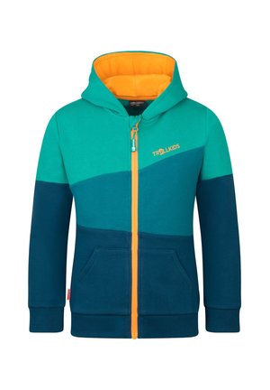 Child's zip-up hoodie in teal and dark blue with a bright orange interior hood and zipper, featuring front pockets and "Troll Kids" logo on the chest.