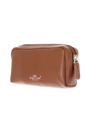 Braune Ledertasche mit Reißverschluss und geprägt Golden Head Germany Logo auf der Vorderseite, rechteckige Form und glatte Oberfläche.