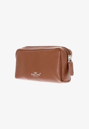 Brown leather zippered pouch with Golden Head Germany logo embossed on front, rectangular shape and smooth texture.