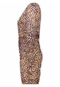 Färggörande mini klänning med ett zick zack-mönster i lila, orange och beige, med ruching längs sidorna för extra textur och form.