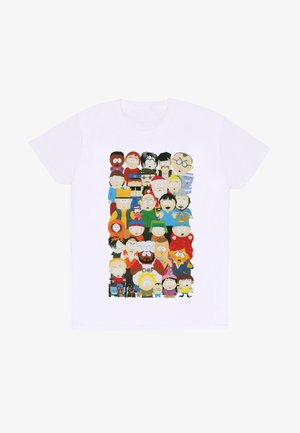 Weißes Baumwoll-T-Shirt mit einem bunten Grafikdesign von mehreren Cartoonfiguren aus einer beliebten Animationsserie, angeordnet in einem Gittermuster.