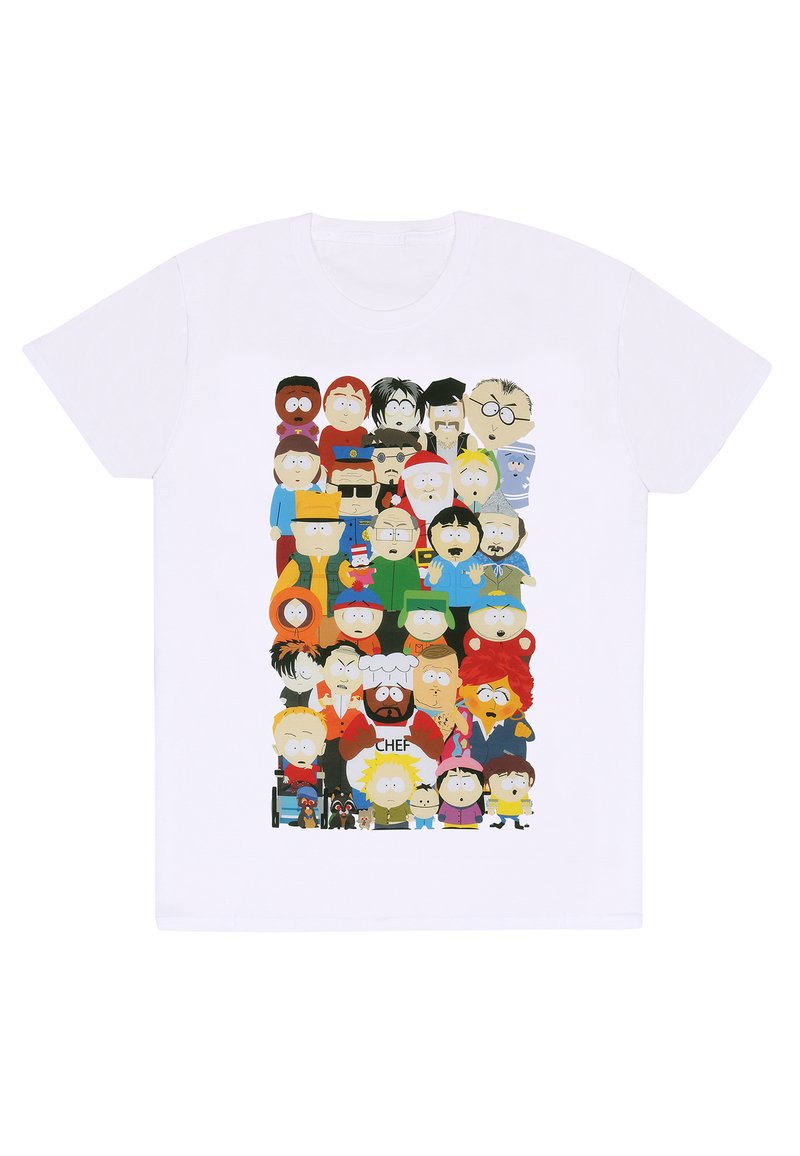 Hvid bomulds t-shirt med et farverigt grafik af flere tegnefilmsfigurer fra en populær animeret serie, arrangeret i et gittermønster.