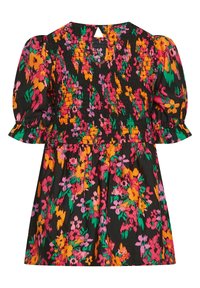 Abito nero con un vivace motivo floreale in rosa, arancione e verde, busto elastico, maniche a sbuffo, polsini arricciati e scollatura a chiave.