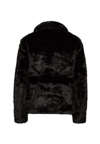 Veste en fausse fourrure noire avec une finition douce et texturée, dotée d'un col et de manches longues, conçue dans une coupe décontractée.