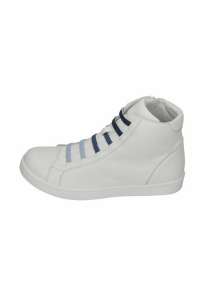 White leather high-top sneaker with blue and light blue elastic straps, round toe, and textured rubber sole. Zipper closure at the back.