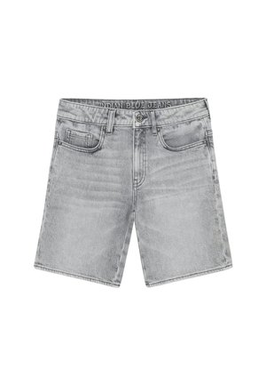 Graue Jeansshorts mit geradem Schnitt, fünf Taschen und Knopfverschluss. Verfügt über eine ausgewaschene Textur und ein "INDIAN BLUE JEANS"-Etikett am Bund.