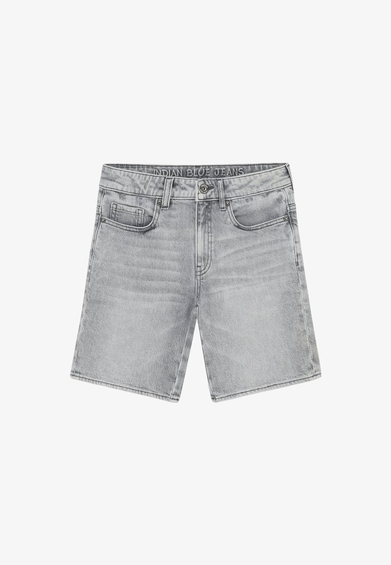 Graue Jeansshorts mit geradem Schnitt, fünf Taschen und Knopfverschluss. Verfügt über eine ausgewaschene Textur und ein "INDIAN BLUE JEANS"-Etikett am Bund.