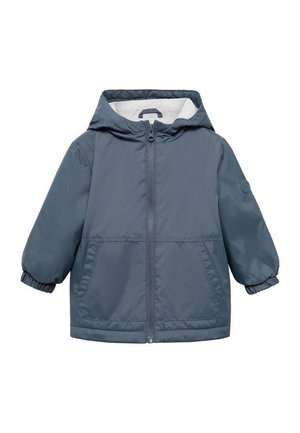 Sininen hupullinen lasten takki, jossa etuvetoketju, kaksi taskua, joustavat hihansuut ja vaaleanharmaa vuori.