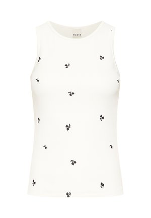 Haut blanc sans manches avec de petits motifs floraux noirs épars et un col rond.