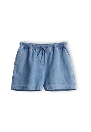 Lichtblauwe denimshorts met elastische tailleband en voorkant trekkoord, met zijzakken en rechte zoom.