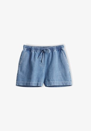 Lichtblauwe denimshorts met elastische tailleband en voorkant trekkoord, met zijzakken en rechte zoom.