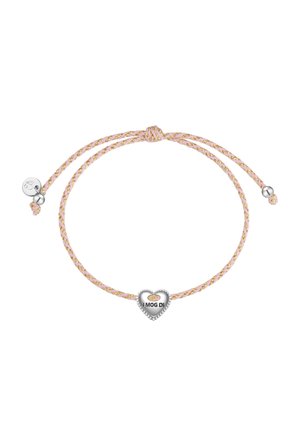 Justerbar armbånd med pink og guld snoet snor med en sølv hjerteformet vedhæng med graveringen "I MOG DI" og små sølvperler i enderne.