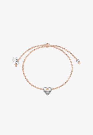 Justerbar armbånd med pink og guld snoet snor med en sølv hjerteformet vedhæng med graveringen "I MOG DI" og små sølvperler i enderne.