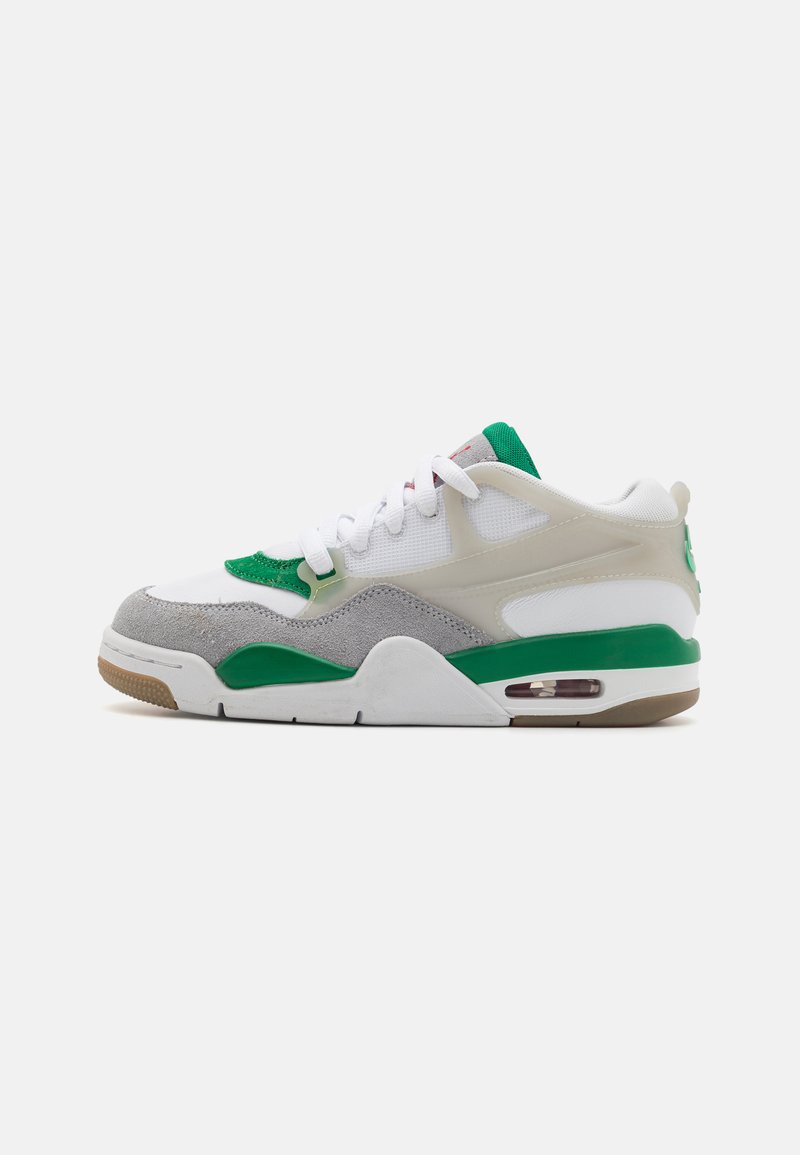 Sneaker with a white mesh upper, grey suede details, green accents, smooth rubber sole, and visible air cushioning. Laced design.