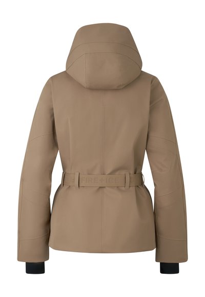 Braune Skijacke mit Kapuze, tailliertem Design und strukturiertem Stoff. Die Ärmelenden sind mit elastischen Öffnungen versehen, um einen engen Sitz zu gewährleisten.