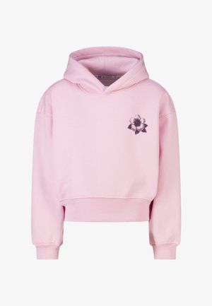 Sweat à capuche court rose clair avec manches longues et petit motif de fleur sombre sur la partie haute gauche de la poitrine.