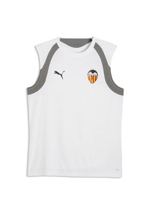 Biała sportowa koszulka bez rękawów z szarymi akcentami, logo Puma na lewej piersi oraz herbem klubu piłkarskiego Valencia CF na prawej piersi.