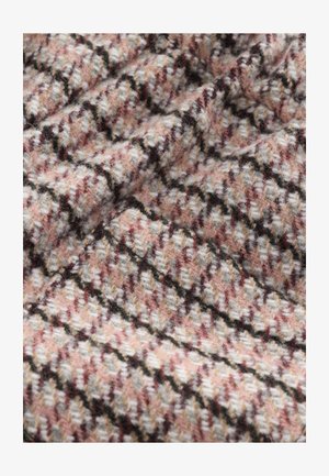 Țesătură de lână cu model pied-de-poule în nuanțe de roz, negru și crem, cu o suprafață moale și texturată.