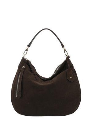 Brown suede handbag with a curved shape, single textured strap, and zip closure. Features metal hardware and side zip pockets.