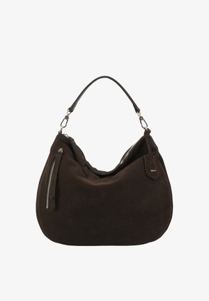 Brown suede handbag with a curved shape, single textured strap, and zip closure. Features metal hardware and side zip pockets.