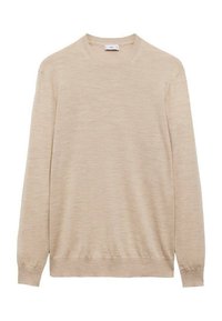 Maglione beige a girocollo realizzato in tessuto leggero, con maniche lunghe e polsini e orlo a costine. Texture liscia senza motivi visibili.