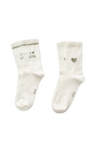 White cotton socks featuring green text "I ❤️ LDN" and a small green heart. Ribbed texture at the top. Reinforced toe and heel.