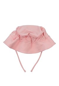 Ljusrosa bucket hat gjord av textured tyg. Mjuk, samlad krona med en bred, floppy skärm och justerbara hakremmar.
