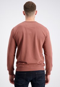 Sudadera marrón de manga larga con cuello redondo y puños acanalados, que presenta un pequeño parche rectangular en la parte superior de la espalda. Fabricada con una mezcla de algodón.