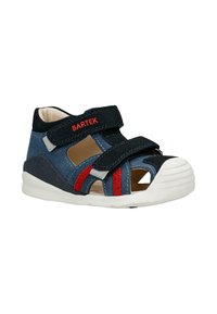 Sandale pour tout-petit bleu marine et noire avec des rayures rouges, orteils ouverts, semelle blanche et deux bandes velcro, dont une avec la marque "BARTEK".