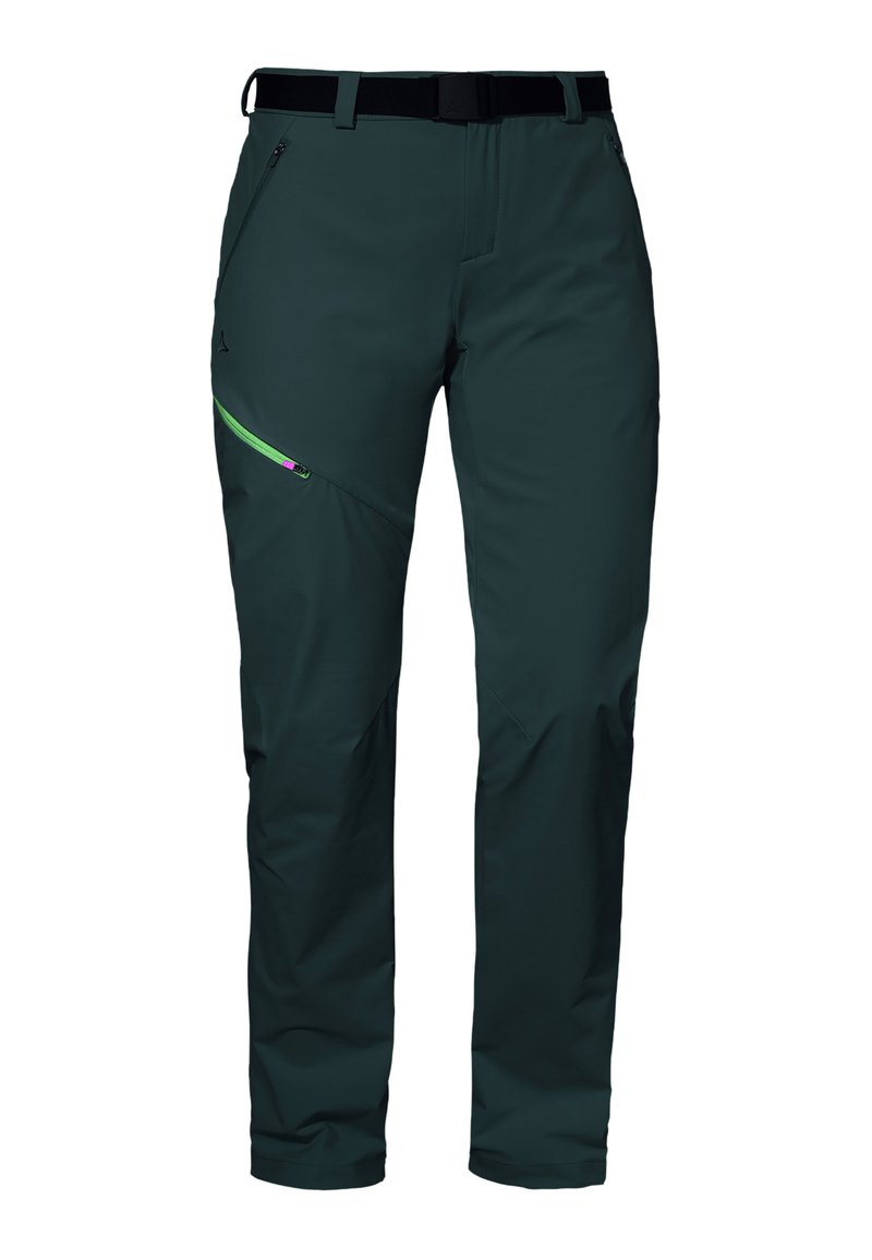 Pantalones oscuros de color verde para exteriores, confeccionados con un tejido duradero. Cuentan con un bolsillo con cremallera de acento verde brillante y una cintura ajustable.