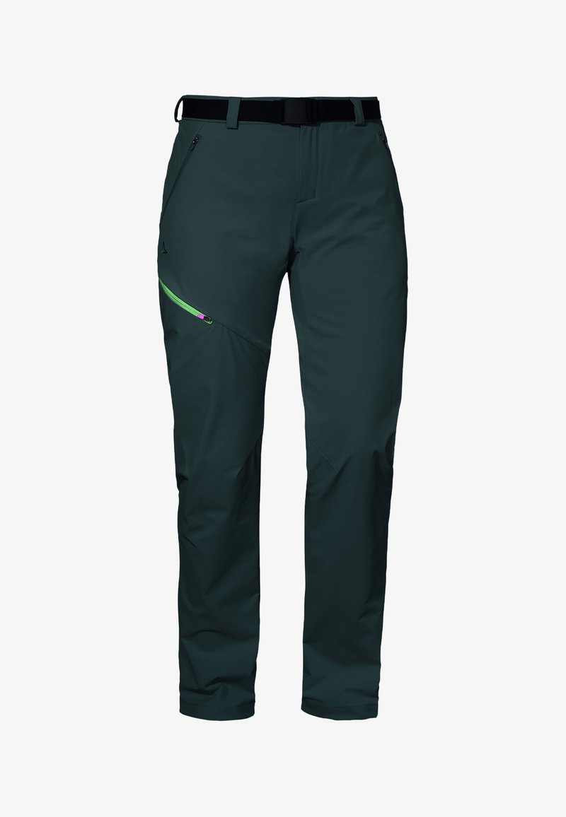 Dark green outdoor pants made of durable fabric. Features a zippered pocket with a bright green accent and adjustable waistband.