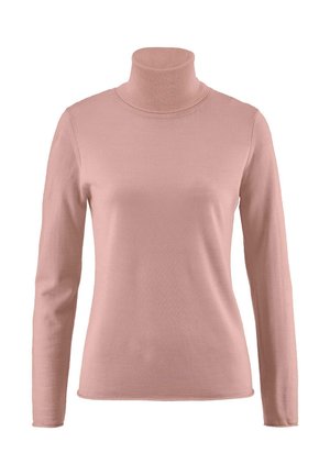 Langarmige turtleneck trui in stofroze kleur met een getailleerde pasvorm, weergegeven tegen een witte achtergrond.