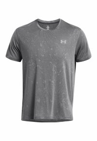 Šedé sportovní tričko vyrobené z lehké, texturované tkaniny. Obsahuje jemně vzorovaný design a vyšívané logo na hrudi.